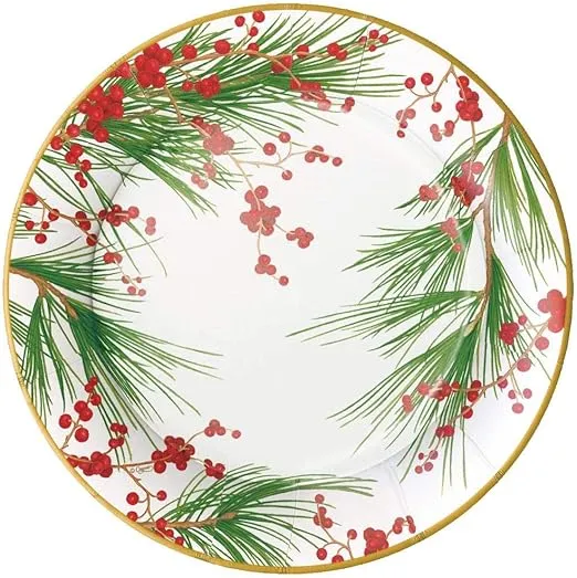 Caspari Berries and Pine Paper Dinner Plates - 8 Per Package