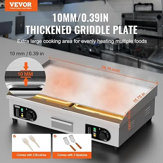 VEVOR Commercial Electric Griddle, 2800W Countertop Flat Top Grill, 29in Stainless Steel Griddle Grill with 2 Shovels and 2 Brushes for Home or Restaurant, 122℉-572 ℉ Adjustable Temp