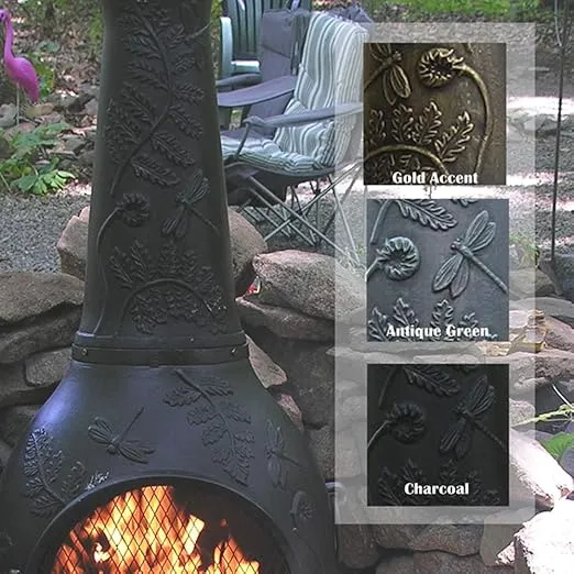 The Blue Rooster Dragonfly Cast Aluminum Chiminea in Antique Green