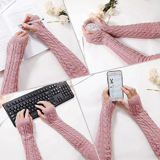 Bellady Womens Winter Warm Over Elbow Long Fingerless Thumb Hole Gloves Mittens Knitted Arm Warmer