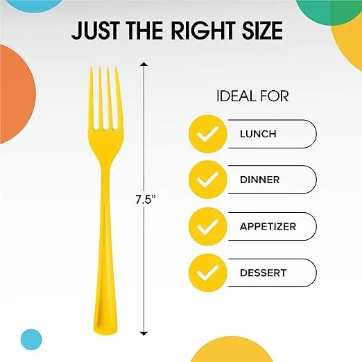Disposable Yellow Plastic Forks 100 Pcs - Heavy Duty Yellow Plastic Disposable Cutlery - Yellow Disposable Flatware, Yellow Plastic Silverware, Plastic Forks Yellow Exquisite