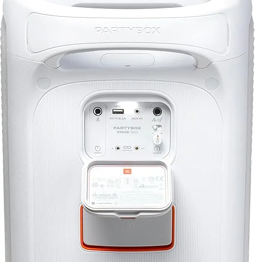JBL PartyBox Stage 320 - Portable Party Speaker with Telescopic Handle & Wide, Sturdy Wheels, Powerful JBL Pro Sound, Futuristic lightshow, Up to 18 Hours of Play time, Splash Proof (White)