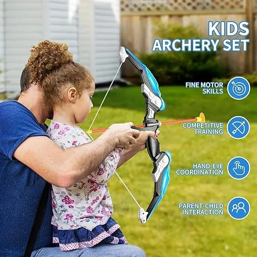 Bow and Arrow Set -LED Light Up Archery Target Play Set with 20 Suction Cup Arrows, 1 Standing Target, 2 Quiver, 3 Targets, Indoor Outdoor Sport Excellent Gift for Family and Friends.