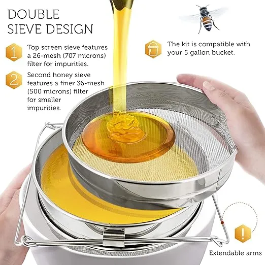 Rural365 Honey Filter, 2 Piece - Honey Extractor Equipment, Honey Bucket Strainer Honey Extractor Stainless Steel Sieve