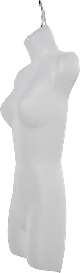 SSWBasics Female Mannequin Torso - Fits Women’s Sizes 5-10 - Molded, Shatterproof & Frosted Body Mannequin with Hook - Hollow Shell, Flat Back Torso Form for Women's Fashion Clothing Display - Ideal