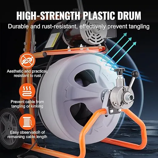 VEVOR Drain Cleaner Machine 100FT x 1/2 Inch, Auto Feed Sewer Snake Drain Auger on Wheels, Portable Drain Cleaning Machine with 8 Cutters & Air-activated Foot Switch for 2" to 4" Pipes