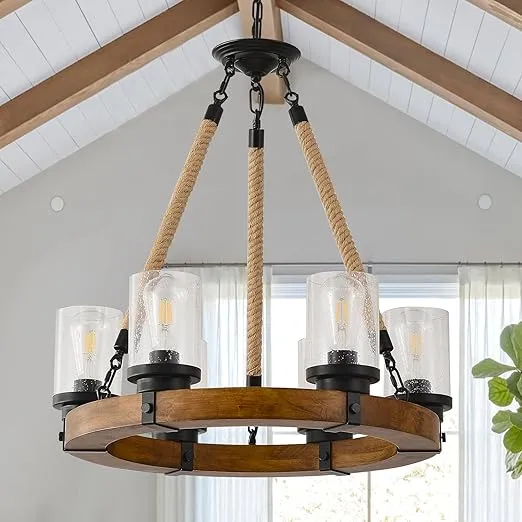 Rustic Wagon Wheel Chandelier with Seeded Glass Shade, 6 Light Round Dining Room Chandelier Wood Farmhouse Light Fixture for Living Room Kitchen Island Foyer Entryway