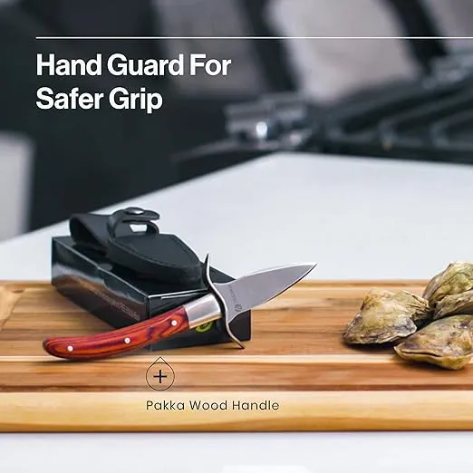 HiCoup Oyster Shucking Knife and Glove Kit - Clam and Oyster Knife Shucker Set with Stainless Steel Seafood Opener Tool, Wood Handle and Gloves