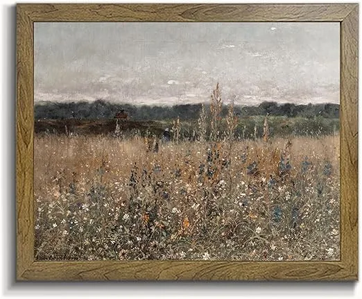 Wildflower Field Landscape Picture - Vintage Landscape Art Print, Country Field Wall Art - Framed Canvas Prints Wall Art Home Decor, Vintage Landscape Art Print Farmhouse Painting