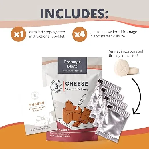 Cultures for Health Fromage Blanc Starter | 4 Packets Mesophilic Powdered Active Cultures | Gluten Free Non-GMO Fresh Cheese | Beginner Friendly Artisan Cheesemaking | DIY Soft Spreadable Cheese