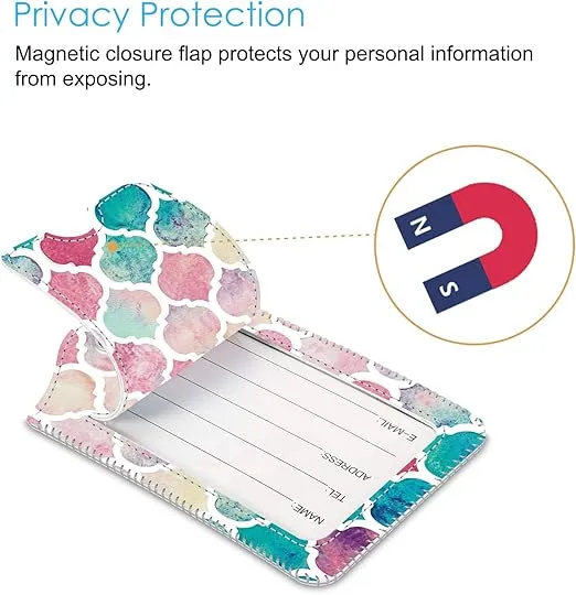 2 Pcs Luggage Tags, Fintie Privacy Cover ID Label with Stainless Steel Loop and Address Card for Travel Bag Suitcase, Moroccan Love