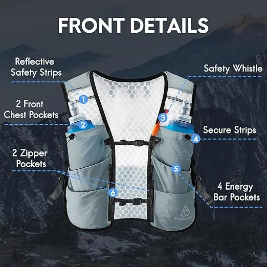 Haimont Running Hydration Vest Pack 5L Lightweight Run Water Vest, Adjustable Hydration Backpack for Women Men with Multi-Pocket Hiking Trail Running Marathoner Race Climbing