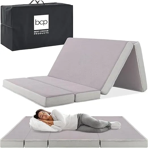 Best Choice Products 4in Portable Twin-Size Mattress, Folding Mattress Topper for Camping, Guest, Toddler, Foam Plush w/Carry Case - Gray