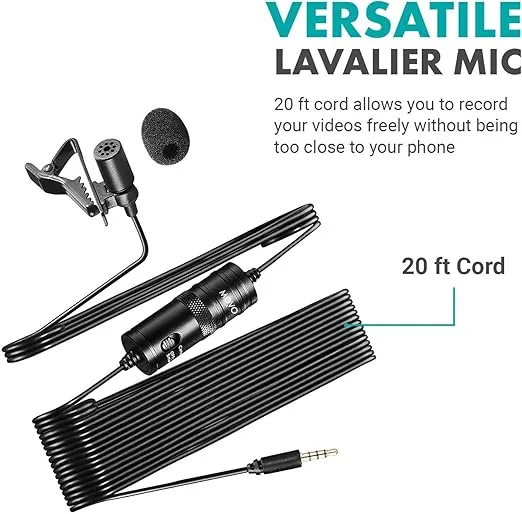 Movo LV1 Lavalier Lapel Clip on Microphone for Cameras, Camcorders and Smartphones Compatible with iPhone and Android Perfect Lav Mic for Filming Podcast, Vlogging and YouTube Videos